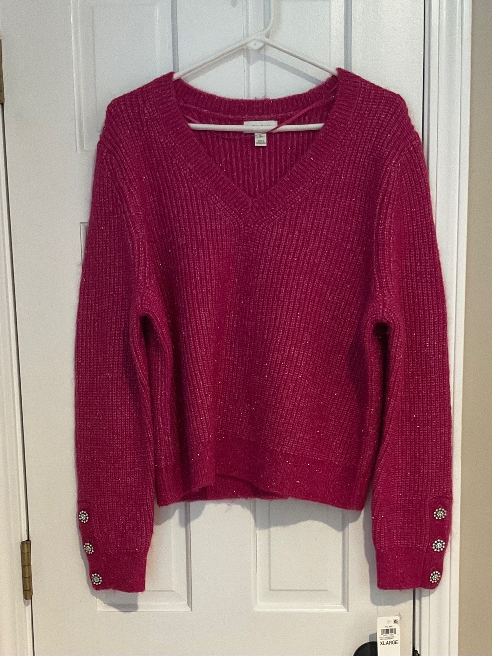 Fuchsia V-Neck Ribbed Sweater with Decorative Cuff Buttons